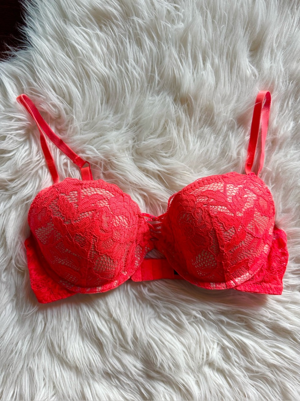 LA SENZA ‘The show off” bright orange lace push up bra converts to racerback 32D